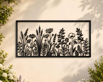 Arte mural de flores silvestres en metal negro, decoración de pared para jardín botánico, panel floral para valla de patio exterior, panel mural botánico de metal, arte para jardín de flores