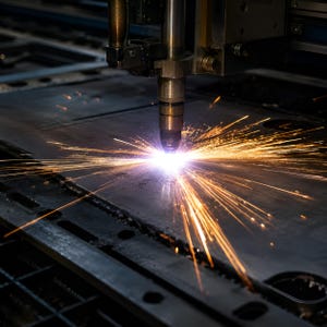 May include: A metal laser cutting machine head positioned over a dark gray steel sheet, emitting a bright white light and radiating orange sparks as it cuts through the material, creating a precise line across the industrial metal surface.