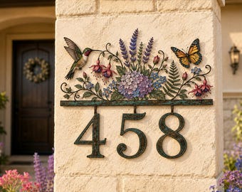 Letrero metálico personalizado para el número de casa, letrero de dirección con colibrí, mariposa y flores, letrero de dirección metálico floral, decoración de pared para jardín exterior.