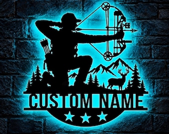 Letrero personalizado para caza con arco con luz LED, adorno de pared de metal personalizado para cazador con arco, decoración para caza de ciervos, regalo para cazadores con arco.