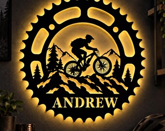Letrero personalizado para bicicleta de montaña con luz LED, arte de pared personalizado para ciclistas de montaña, decoración de habitación para ciclistas de montaña, regalo de ciclismo para hombres
