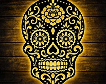Letrero de calavera de azúcar con luz LED, arte de pared de calavera del Día de Muertos, decoración floral de calavera, decoración gótica para dormitorio, regalo de Halloween