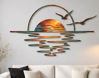 Cuadro metálico con diseño de puesta de sol costera, olas del océano y gaviotas, decoración rústica para casa de playa, arte náutico para sala de estar, regalo costero