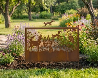 Panel de valla metálica para jardín con animales del bosque, estaca rústica para jardín, decoración exterior con ciervos, ardillas, búhos y conejos.