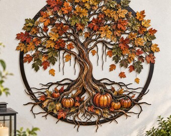Decoración de pared metálica con el Árbol de la Vida de Otoño, hojas de arce otoñales y calabazas, escultura rústica de árbol de cosecha, adorno de pared estilo granja para el Día de Acción de Gracias