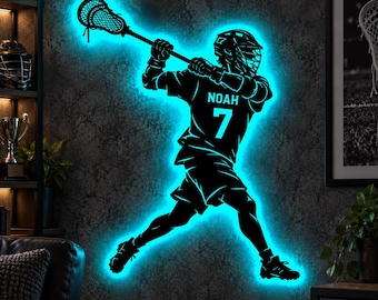 Personalisierte Lacrosse-Wanddeko aus Metall mit LED-Beleuchtung, individuellem Spielernamen und -nummer, Lacrosse-Schlafzimmerdeko, Sportgeschenk für Jungen