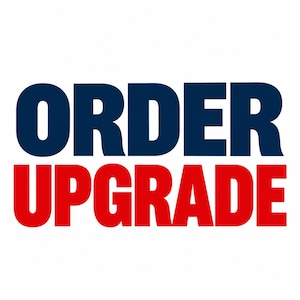 Könnte beinhalten: Eine Grafik mit dem Text ORDER in fetten, dunkelblauen Großbuchstaben, direkt über dem Wort UPGRADE in fetten, roten Großbuchstaben. Der Text ist in einer klaren, serifenlosen Schriftart vor einem schlichten weißen Hintergrund dargestellt.
