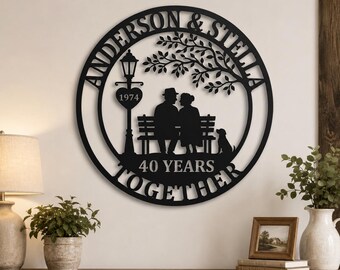 Letrero metálico personalizado de aniversario, banco decorativo personalizado para parejas, regalo de 40 años juntos, letrero de aniversario para parejas con el año, regalo para el hogar