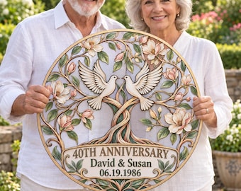 Letrero de aniversario personalizado, decoración de pared con nombres de pareja personalizados, arte floral de palomas y magnolias, regalo para parejas, regalo para padres.