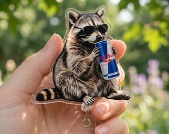 Lustiges Red Bull Waschbär Abzeichen Reel, cooler Waschbär mit Sonnenbrille Acryl ID Halter, sarkastisches Energy Drink Krankenschwester Lehrer Geschenk, Abzeichen Reel