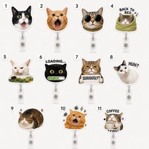 Funny Cat Meme Badge Reel, Custom Cute Cat Acrylic ID Holder, Sarcastic Seriously Loading Back To Bed Coffee First Nurse Teacher Gift