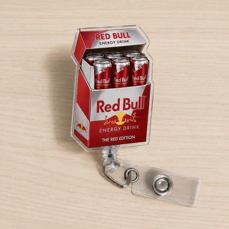 K&ouml;nnte beinhalten: Ein ausziehbarer Ausweishalter mit einem transparenten Kunststoffgeh&auml;use in Form einer Zigarettenschachtel, das Miniaturdosen von Red Bull Energy Drink in Rot und Silber enth&auml;lt. Die Vorderseite zeigt das Red Bull Logo und den Schriftzug The Red Edition.