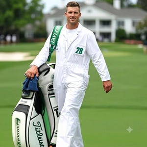 Może przedstawiać: Biały kombinezon caddie golfowego z zieloną naszywką z numerem 28 na piersi oraz zielonym paskiem na ramię z białym napisem. Caddie niesie biało-zieloną torbę golfową Titleist z niebieskim ręcznikiem przewieszonym przez rączkę na polu golfowym.