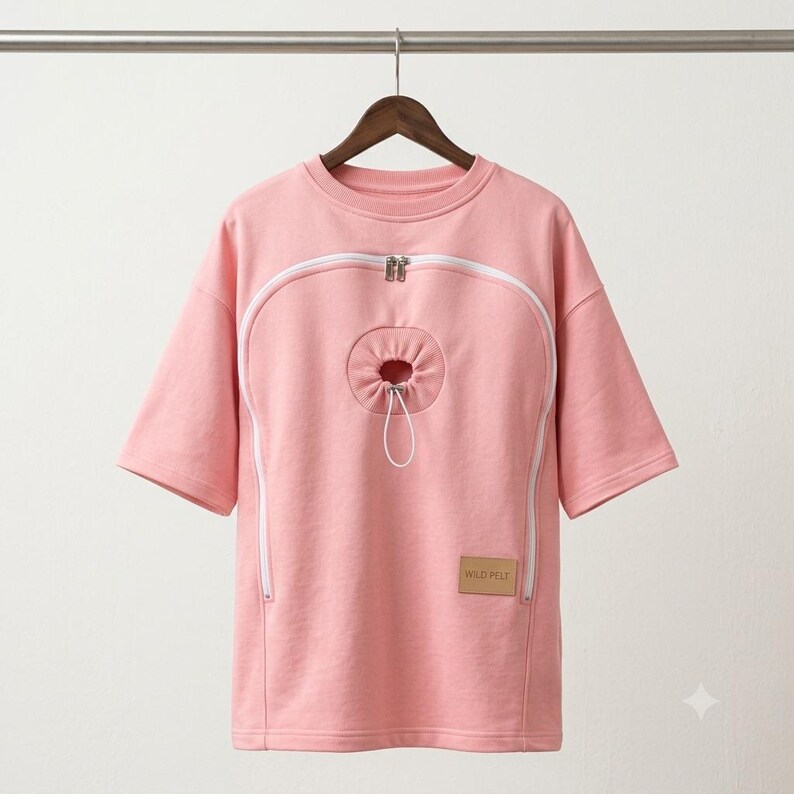 Pink cat carrier shirt flat lay showing heart-shaped zip pouch and side pocket