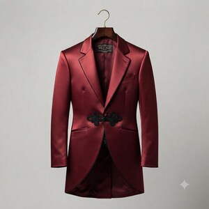 May include: A deep red satin blazer featuring a long, curved hemline, notched lapels, and a black embroidered knot closure at the waist. The jacket includes a chest pocket and a dark interior label with the text WILD PACT visible at the neck.