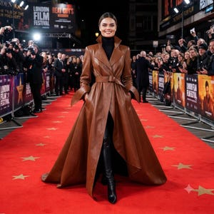 May include: A long, brown leather trench coat featuring a wide collar, a belted waist, and flared sleeves. The coat is worn over a black turtleneck sweater and black leather boots. The garment has a structured bodice and a full, flowing skirt.