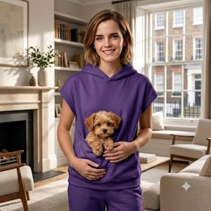 Puede incluir: Una sudadera con capucha y manga corta de color morado que cuenta con un bolsillo frontal grande. Un cachorro pequeño, de color marrón claro y peludo, está colocado dentro del bolsillo delantero de la sudadera. La prenda es de tela lisa.