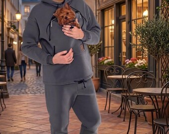 Men's Pet Carrier Hoodie, Dog Dad Zip Pouch Sweatshirt, Charcoal Cotton Fleece Pullover