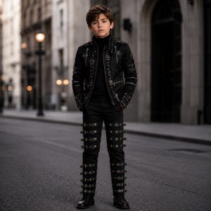 Puede incluir: Una chaqueta y pantalones negros con múltiples hebillas y tachuelas de metal plateado. La chaqueta tiene cuello alto y mangas largas, mientras que los pantalones están adornados con correas horizontales en las piernas. Se lleva un jersey de cuello alto negro debajo.
