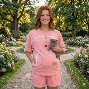 Woman in summer garden wearing pink cat carrier shirt with kitten in heart pouch