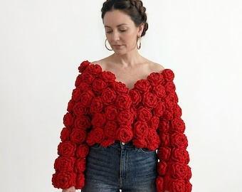 Handmade Red 3D Rose Crochet Sweater – Floral Chunky Knit Cardigan, Cottagecore Boho Pullover