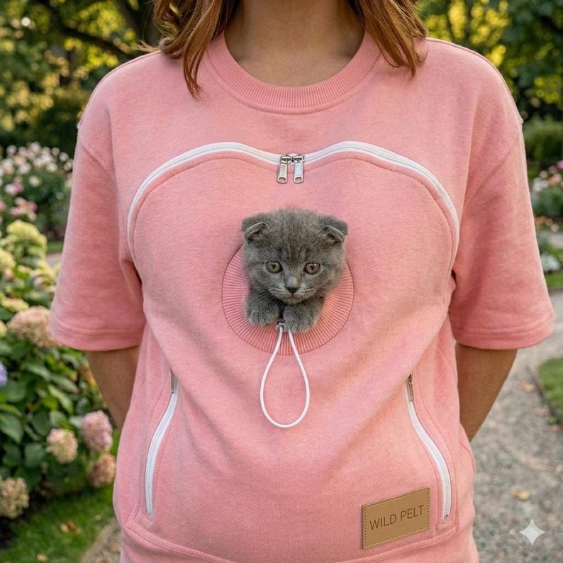 Close up of kitten inside heart-shaped zip-open pet carrier pouch on pink top