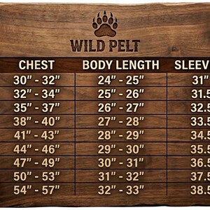 May include: A brown wooden-textured size chart for Wild Pelt apparel. The table lists sizes from XXS to 4XL with corresponding chest, body length, and sleeve length measurements in inches. A bear paw icon is centred above the brand name text.