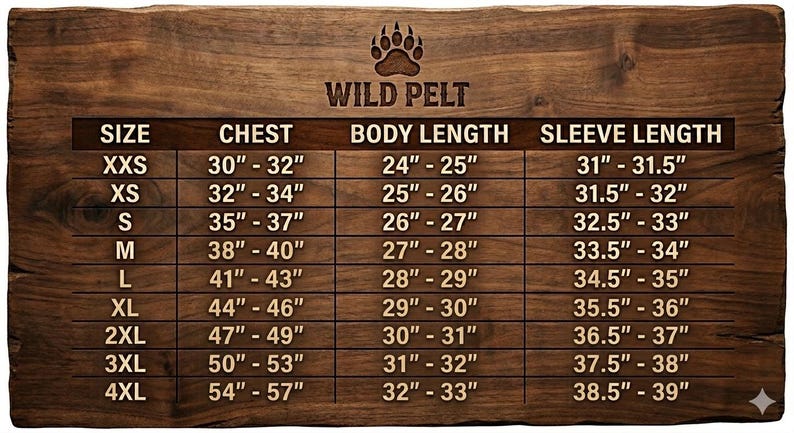 May include: A brown wooden-textured size chart for Wild Pelt apparel. The table lists sizes from XXS to 4XL with corresponding chest, body length, and sleeve length measurements in inches. A bear paw icon is centred above the brand name text.