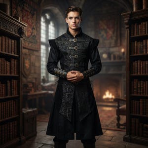 May include: A black long-sleeved tunic featuring a textured brocade pattern on the front panel, four horizontal buckled straps across the chest, and matching decorative bracers on the forearms, worn over dark trousers in a library setting.