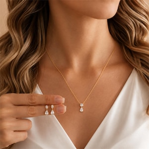 Teardrop CZ Jewelry Set, Dainty Crystal Necklace and Earrings Set, Bridal Jewelry Set, Minimalist Wedding Jewelry, Bridesmaid Gift