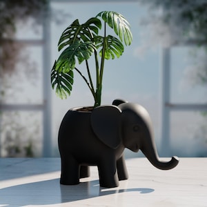 Può includere: Un vaso in ceramica nero opaco a forma di elefante con proboscide curva e grandi orecchie. Una pianta di Monstera verde con diverse foglie intagliate è piantata all'interno del dorso cavo della figura dell'elefante, estendendosi verso l'alto.
