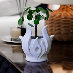 May include: A matte white plant pot featuring a stylized flame-like exterior design with curved, pointed protrusions. The pot contains a small Pilea peperomioides plant with round, dark green leaves and a thin, upright brown stem centered in the vessel.