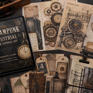 Vintage Steampunk e Industrial Junk Journal Kit - Printable Gears, Clockwork Ephemera e Antique Blueprints - Digital Download for Scrapbooki