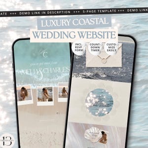 Può includere: Due smartphone che mostrano un modello di sito web per matrimoni in stile costiero di lusso. Gli schermi presentano testi tra cui AMELIA & CHARLES, OUR LOVE STORY e THE DETAILS, insieme a foto di una coppia in spiaggia, una busta e conchiglie.