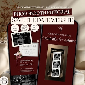 Könnte beinhalten: Eine 3-seitige Website-Vorlage für ein Photobooth-Editorial Save-the-Date. Die mobilen Bildschirme zeigen einen tiefroten Hintergrund mit weißem Text, einschließlich der Namen Arabella und James, eines Countdowns und eines Fotostreifens.
