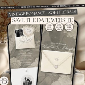 May include: A digital save the date website template featuring a vintage romance theme with soft floral backgrounds. The design includes an envelope with swan motifs, a wax seal, and customisable text fields for names, dates, and locations.