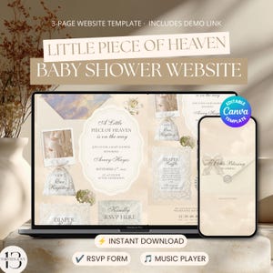 May include: A 3-page baby shower website template displayed on a laptop and smartphone screen. The design features a cream and beige color palette with text reading Little Piece of Heaven Baby Shower Website, A Little Piece of Heaven is on the way, and Avery Hayes. Includes RSVP form and music player.