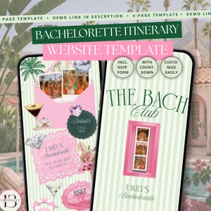 Op de afbeelding: Een digitale bachelorette reisschema website template weergegeven op twee smartphoneschermen. Het ontwerp heeft een lichtgroene gestreepte achtergrond met roze accenten, foto's, een martiniglas, een diamantafbeelding en tekst zoals The Bach Club.