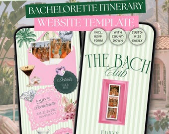 May include: A digital bachelorette itinerary website template displayed on two smartphone screens. The design features a light green striped background with pink accents, photos, a martini glass, a diamond graphic, and text including The Bach Club.