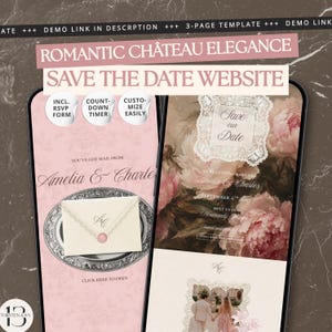 May include: A digital Save the Date website template displayed on two smartphones. The design features pink floral motifs, an envelope graphic with the initials AC, and text including ROMANTIC CHÂTEAU ELEGANCE, SAVE THE DATE WEBSITE, and Amelia & Charles.