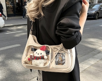 Kawaii PU Leather Ita Bag, Large Capacity Commuter Shoulder & Crossbody Bag with Clear Display Window for Pins