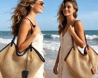 Handmade Crochet Tote Bag, Boho Openwork Woven Shoulder Bag with Leather Strap, Large Capacity Summer Beach Bag for Women