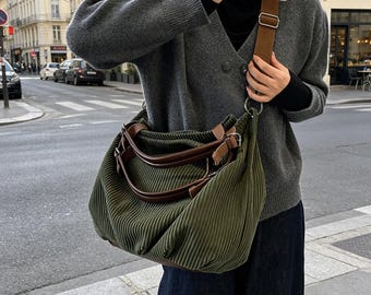 Retro Tote Bag, Shoulder Bag, Corduroy Crossbody Bag with Adjustable Strap, Leather Label, Travel Crossbody Bag, Gifts for Her