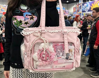 Clear Tote Shoulder Bag for School, Convention, Daily Use, Large Capacity Commuter Shoulder,Crossbody Bag with Clear Display Window for Pins