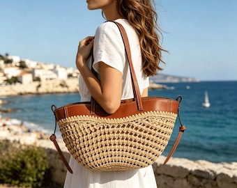 Raffia Tote Bag, Woven Summer Shoulder Bag, French Style Straw Purse, Boho Beach Tote, Vegan Leather Handbag，Straw Tote Bag for Women