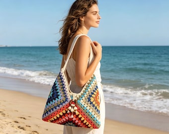 Handmade Cotton Bohemian Shoulder Bag, Woven Beach Tote, Festival Artisan Bag, Crochet Tote Bag, Summer Beach Bag for Women