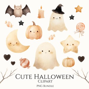 以下が含まれることがあります： 水彩イラストのかわいいハロウィーンをテーマにしたクリップアート。コウモリ、幽霊、カボチャ、月、星、キャンディー、ろうそくが含まれています。「Cute Halloween Clipart」と「PNG Bundle」のテキストも含まれています。