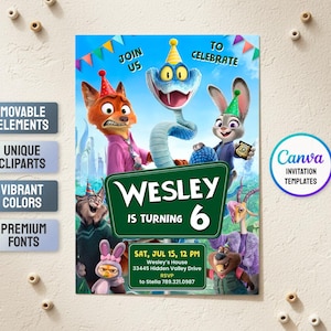 Può includere: Un modello di invito di compleanno rettangolare con personaggi di Zootropolis che indossano cappellini da festa. Il testo recita: JOIN US TO CELEBRATE, WESLEY IS TURNING 6, SAT, JUL 15, 12 PM, Wesley's House, 33445 Hidden Valley Drive, RSVP to Stella 789.321.0987.