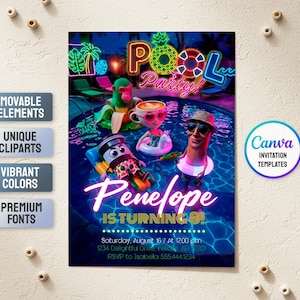 May include: A digital invitation template for a pool party featuring neon-style text that reads Pool Party, Penelope is turning 8, and event details. The graphic shows a monkey, a coffee cup, and a character in a hat floating in a swimming pool.