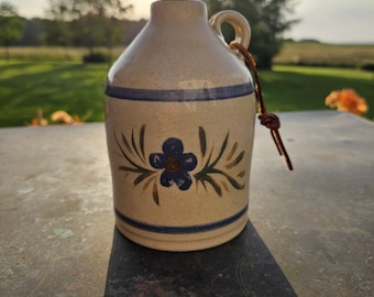 Vintage 1994 Lois Jaggard Studio Pottery Stoneware Jug Signed Blue Floral Ohio Handmade